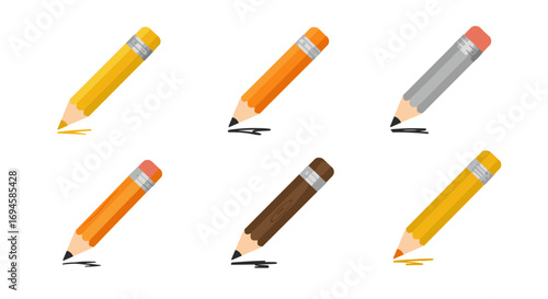 Colorful pencils set with varied designs and patterns on white background