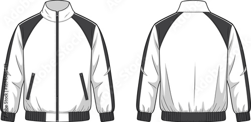 Men’s sports jacket flat sketch, full zip design, casual outerwear, ribbed cuffs and hem, front and back views, athletic clothing template, stylish windbreaker illustration