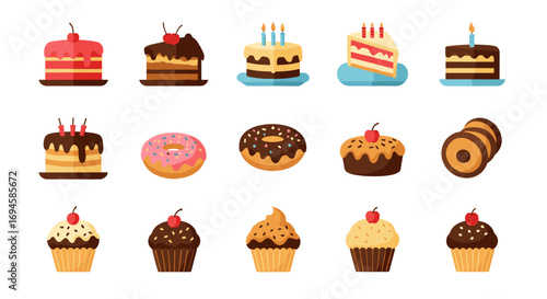 Colorful selection of delicious cakes and pastries in flat style