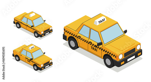 Yellow taxi cab in isometric style with checkered detailing and roof sign
