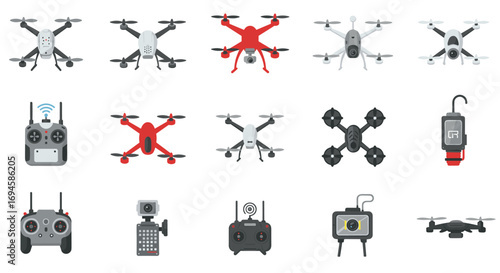 Diverse array of modern quadcopters and remote controllers in flat design
