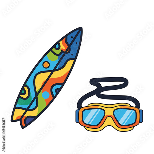 Colorful surfboard with abstract patterns and swimming goggles with blue lenses on a white background.