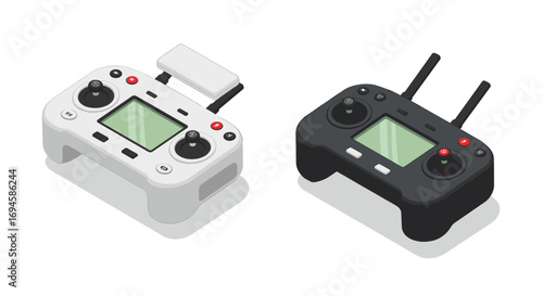 Isometric drone controllers in black and white with joysticks and antennas