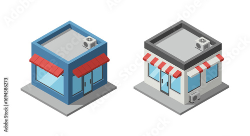 Isometric small shop buildings with red awnings and air conditioning units