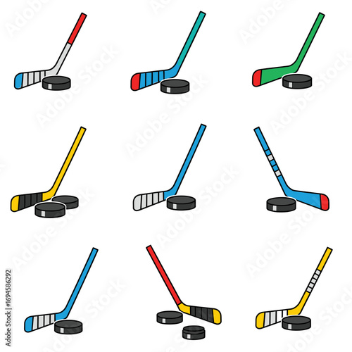 Nine colorful hockey sticks and pucks arranged in a grid.