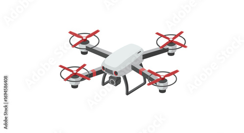 Modern isometric drone with camera and red propellers on white background