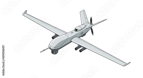 Realistic military drone in flight on white background