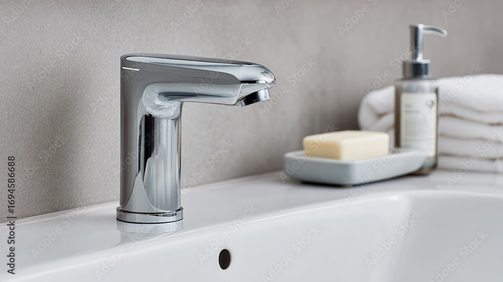 Fototapeta premium The close-up of the modern faucet in the city bathroom highlights its sleek design and smooth surface, with decorative items such as a soap dish or hand wash bottle adorning the white countertop.