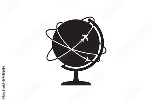 Global Air Travel Routes Silhouette Airplane Flying Around Globe Icon