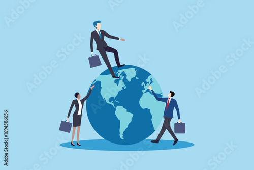 Business professionals interacting with a stylized globe representing global business and opportunities