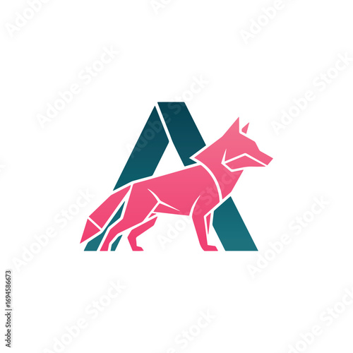 A striking geometric logo with the letter 'A' in teal, featuring a stylized pink polygonal fox standing in front of it, representing nature and modern design.