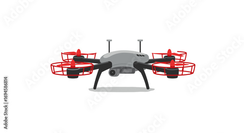 Modern quad drone with red rotors and camera