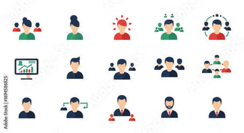 Businessman and team icons set with different expressions and gestures