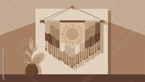 A large natural woven wall hanging serves as the focal point of a minimalist living room in shades of beige and taupe.