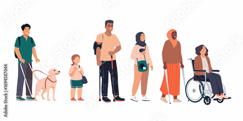 Diverse group of people with disabilities and a guide dog standing together in a line