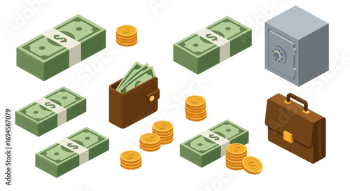 Isometric money elements: banknotes, coins, safe, wallet, briefcase for financial concepts