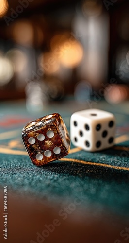 Two dice, amber and white, on a teal felt surface.  Close-up, blurred background