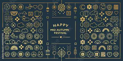 Happy mid autumn festival decorative elements and symbols in golden outline on dark blue background