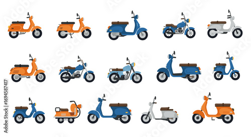 Colorful flat scooters collection: vintage and modern designs in blue, orange, and white