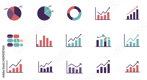 Flat style chart and graph icons set for data visualization and analysis