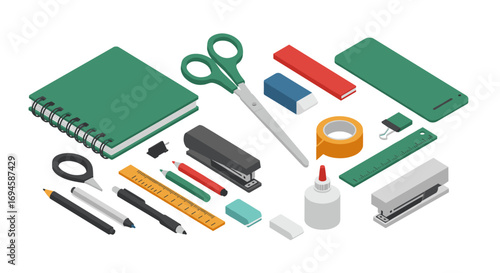 Isometric office supplies collection with scissors, notebook, and stationery tools