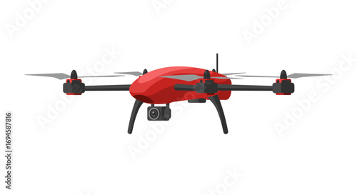 Red drone with camera and antenna on white background