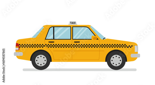 Classic yellow taxi cab with checkerboard pattern on white background