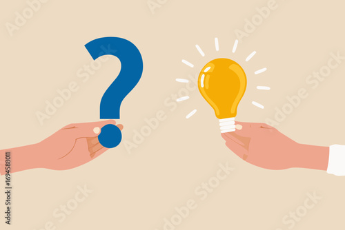 Hands holding a question mark and a glowing light bulb symbolizing problem solving and finding solutions
