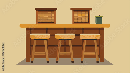 A kitchen island made of reclaimed wood with two bar stools in a natural woven material.