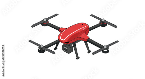 Isometric red drone with camera for aerial photography and videography