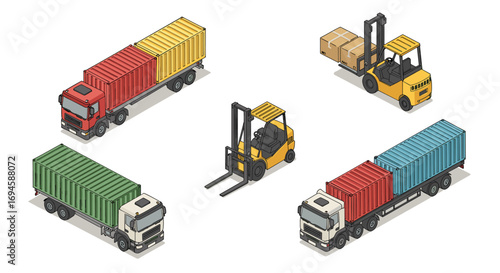 Isometric trucks and forklifts with containers on white background