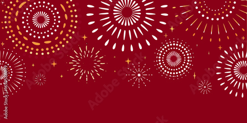 Festive celebration background with colorful fireworks and sparkling stars on deep red