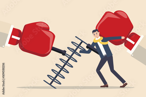 Businessman uses a spring to deflect a large boxing glove attack in a business challenge