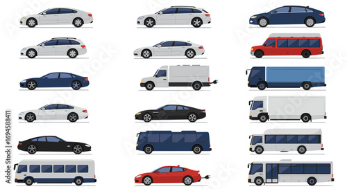 Collection of various vehicles in side view