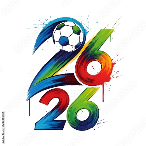 Colorful soccer ball and 26 logo with paint splatter effect