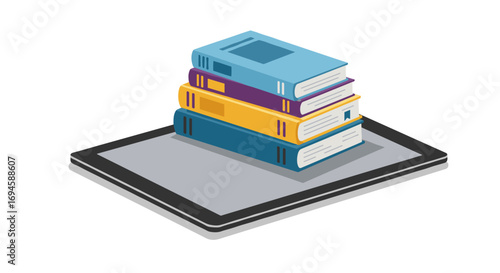 Isometric books stacked on tablet symbolizing digital learning and e-books