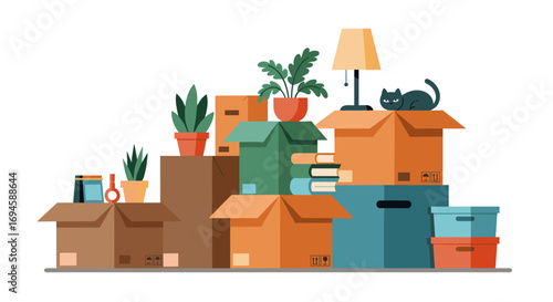 Moving day essentials: boxes, plants, and cozy decor in a modern flat design