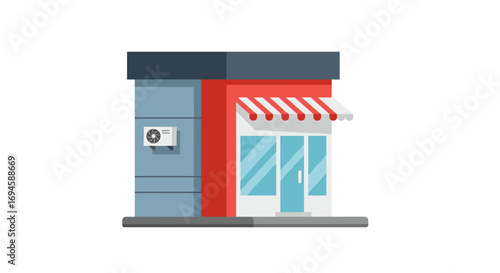 Flat design small modern shop front with red awnings and glass doors