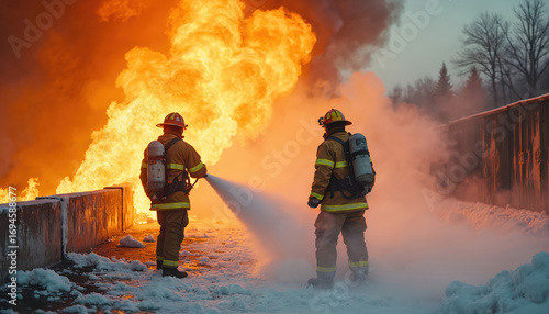 Firefighters courageously battle chemical fire, using foam to suppress intense flames. Work with precision, caution, controlling hazardous inferno to protect surrounding area, ensure public safety