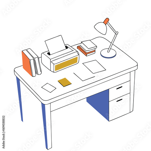 Illustration of a desk with a printer