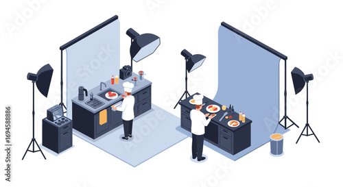 Isometric kitchen photoshoot with chefs preparing and styling food