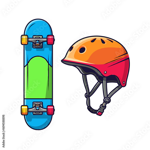 Colorful skateboard and safety helmet, essential skateboarding gear.