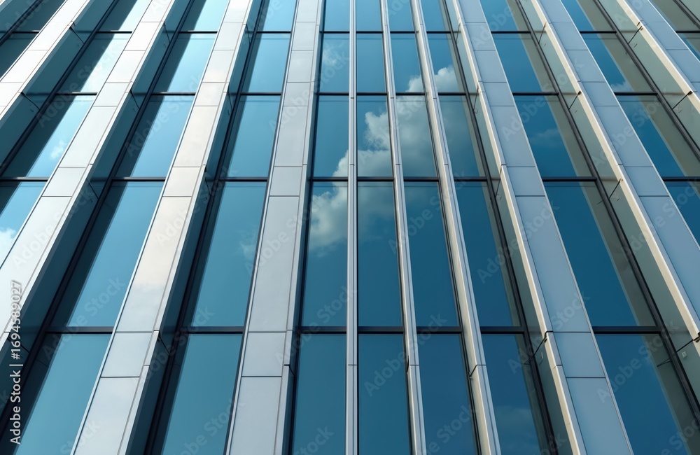 Obraz premium Modern building elevation features rhythmically arranged vertical panels, large glazing reflecting sky. Geometric lines, architectural design create sophisticated facade for corporate office