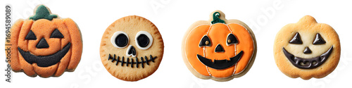 Halloween pumpkin and skull cookies isolated on a transparent PNG background, white background, cut out
