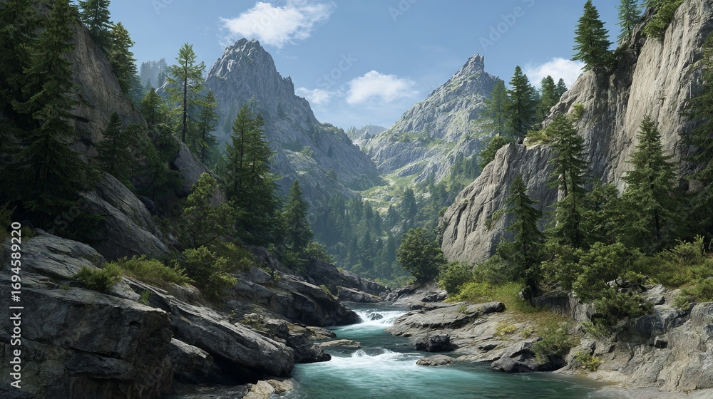 Fototapeta premium River flowing through a rocky mountain valley with evergreen trees and a clear sky