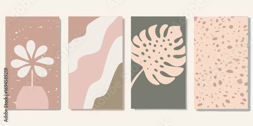 Set of four abstract minimalist vertical art prints featuring botanical and organic shapes in pastel colors
