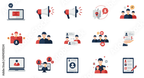 Online communication and social networking icons set in flat style