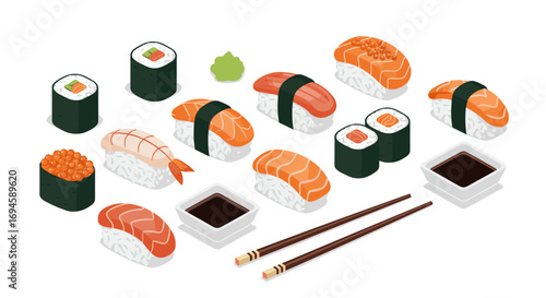 Colorful assorted sushi with chopsticks and soy sauce on white background