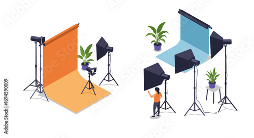 Isometric photo studio setup with lighting and backdrops