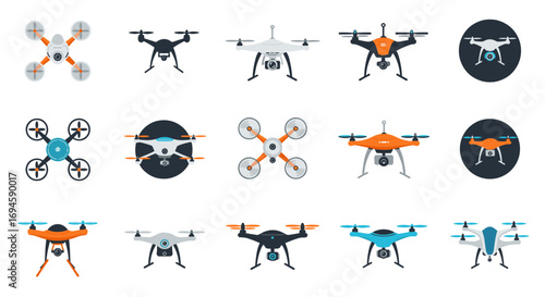Collection of modern quadcopters in various designs and colors